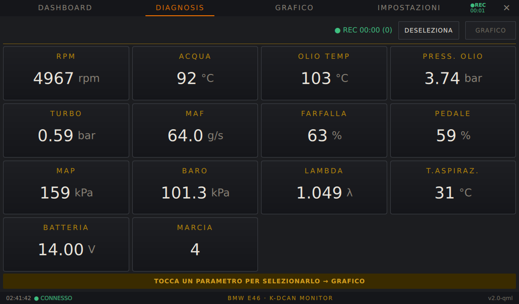 Schermata diagnosi con tutti i parametri